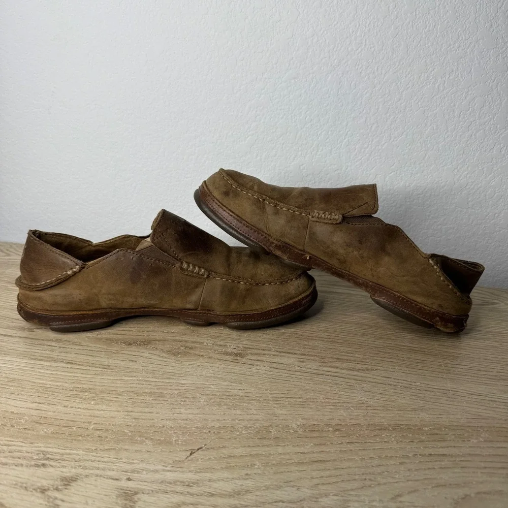 OluKai‎ Moloa Mens Brown Leather Slip On Loafers Drop-In Heel 10128-2733 Size 9
